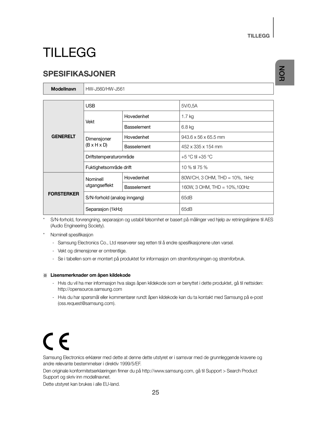 Samsung HW-J560/XE, HW-J561/XE manual Tillegg, Spesifikasjoner, Modellnavn, Aa Lisensmerknader om åpen kildekode 