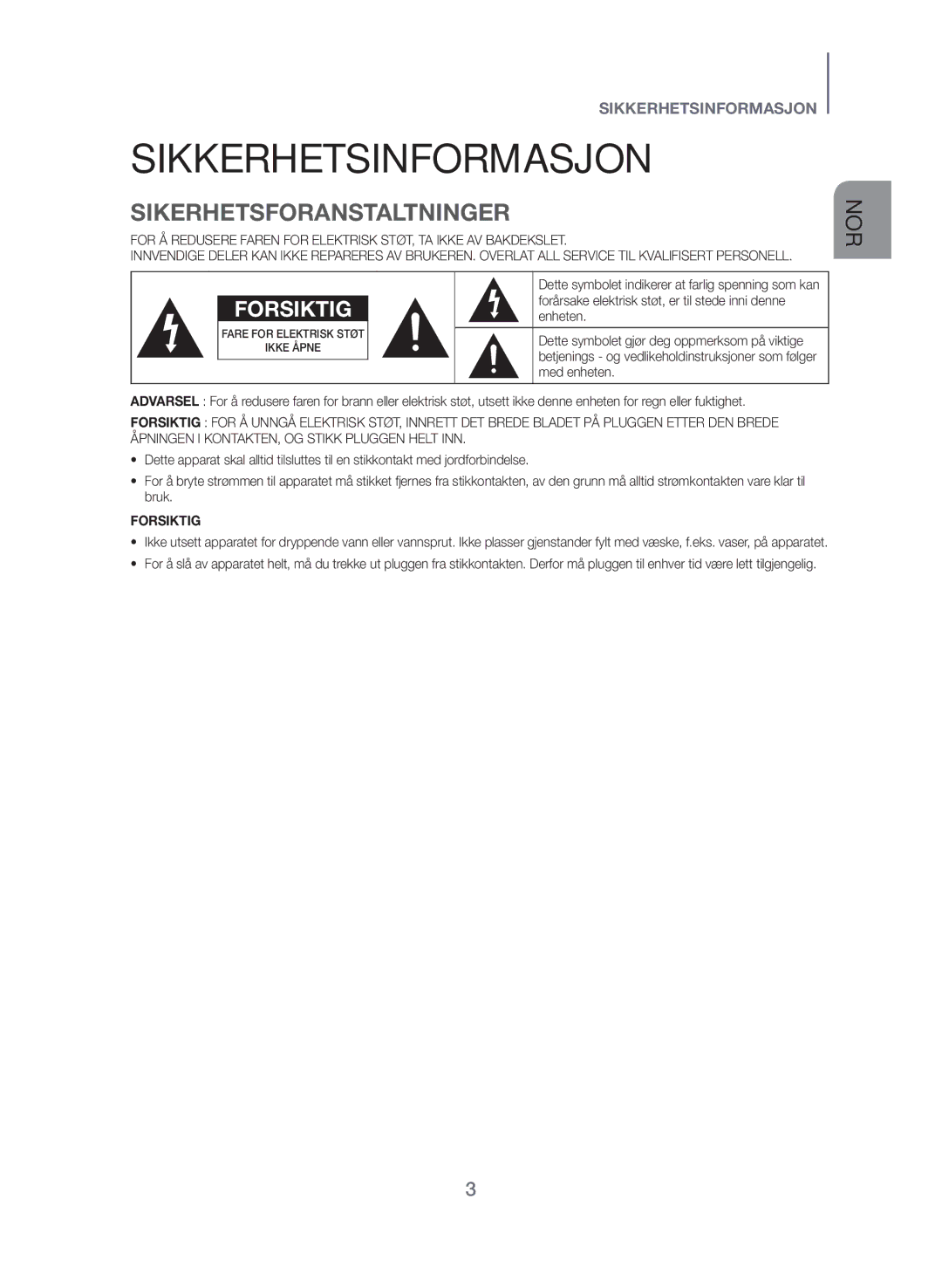 Samsung HW-J560/XE, HW-J561/XE manual Sikkerhetsinformasjon, Sikerhetsforanstaltninger 