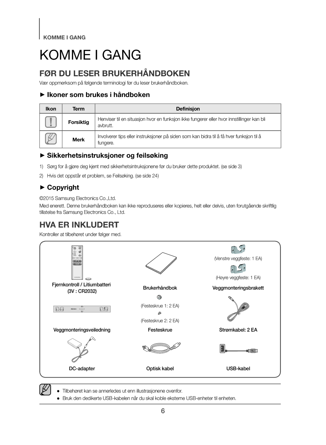 Samsung HW-J561/XE, HW-J560/XE manual Komme I Gang, FØR DU Leser Brukerhåndboken, HVA ER Inkludert 