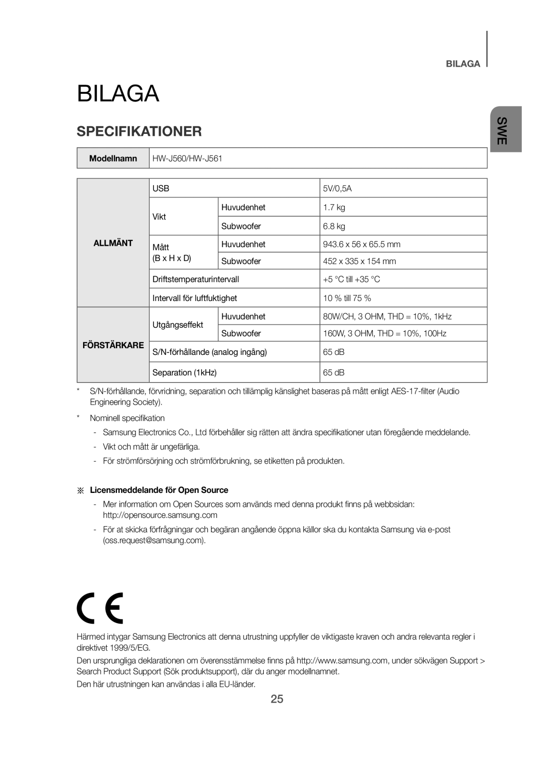 Samsung HW-J560/XE, HW-J561/XE manual Bilaga, Specifikationer, Modellnamn, Aa Licensmeddelande för Open Source 