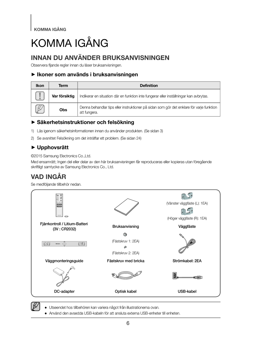 Samsung HW-J561/XE, HW-J560/XE manual Komma Igång, Innan DU Använder Bruksanvisningen, VAD Ingår 