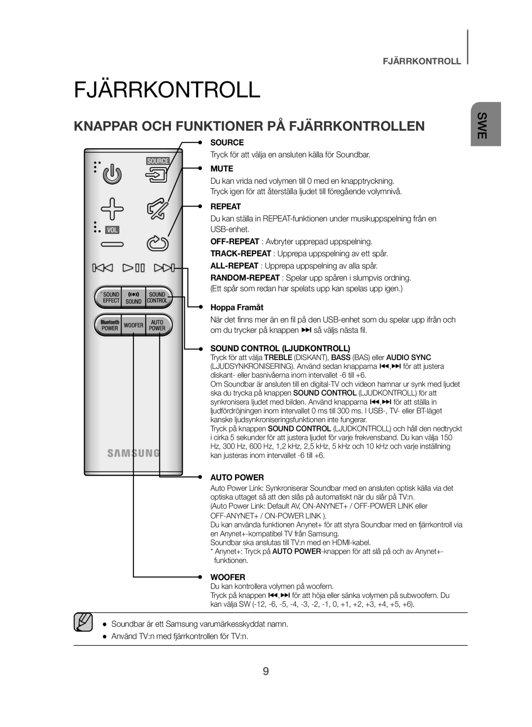 Samsung HW-J560/XE manual Knappar OCH Funktioner PÅ Fjärrkontrollen, Tryck för att välja en ansluten källa för Soundbar 