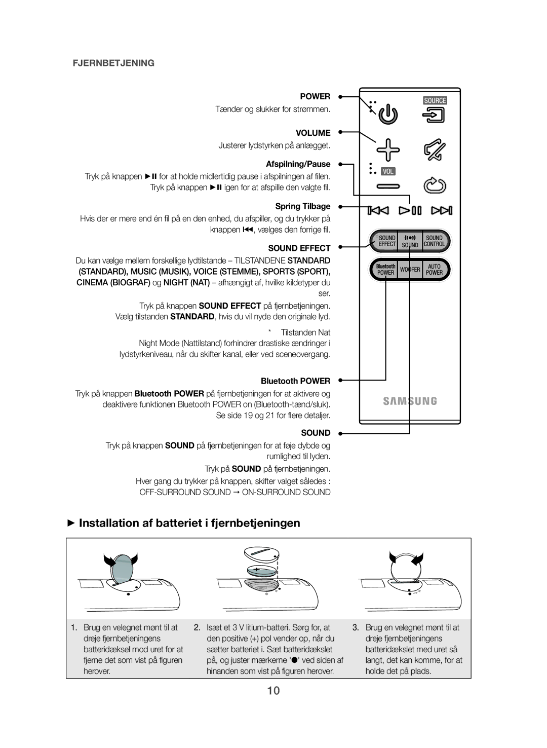 Samsung HW-J561/XE, HW-J560/XE manual ++Installation af batteriet i fjernbetjeningen, Afspilning/Pause, Spring Tilbage 