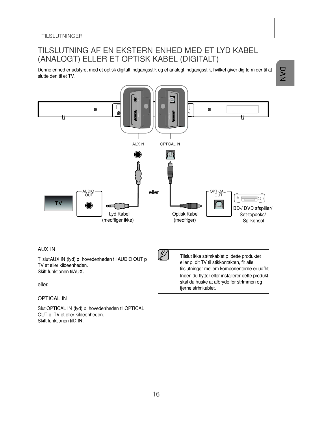 Samsung HW-J561/XE, HW-J560/XE manual Eller, Lyd Kabel Optisk Kabel 