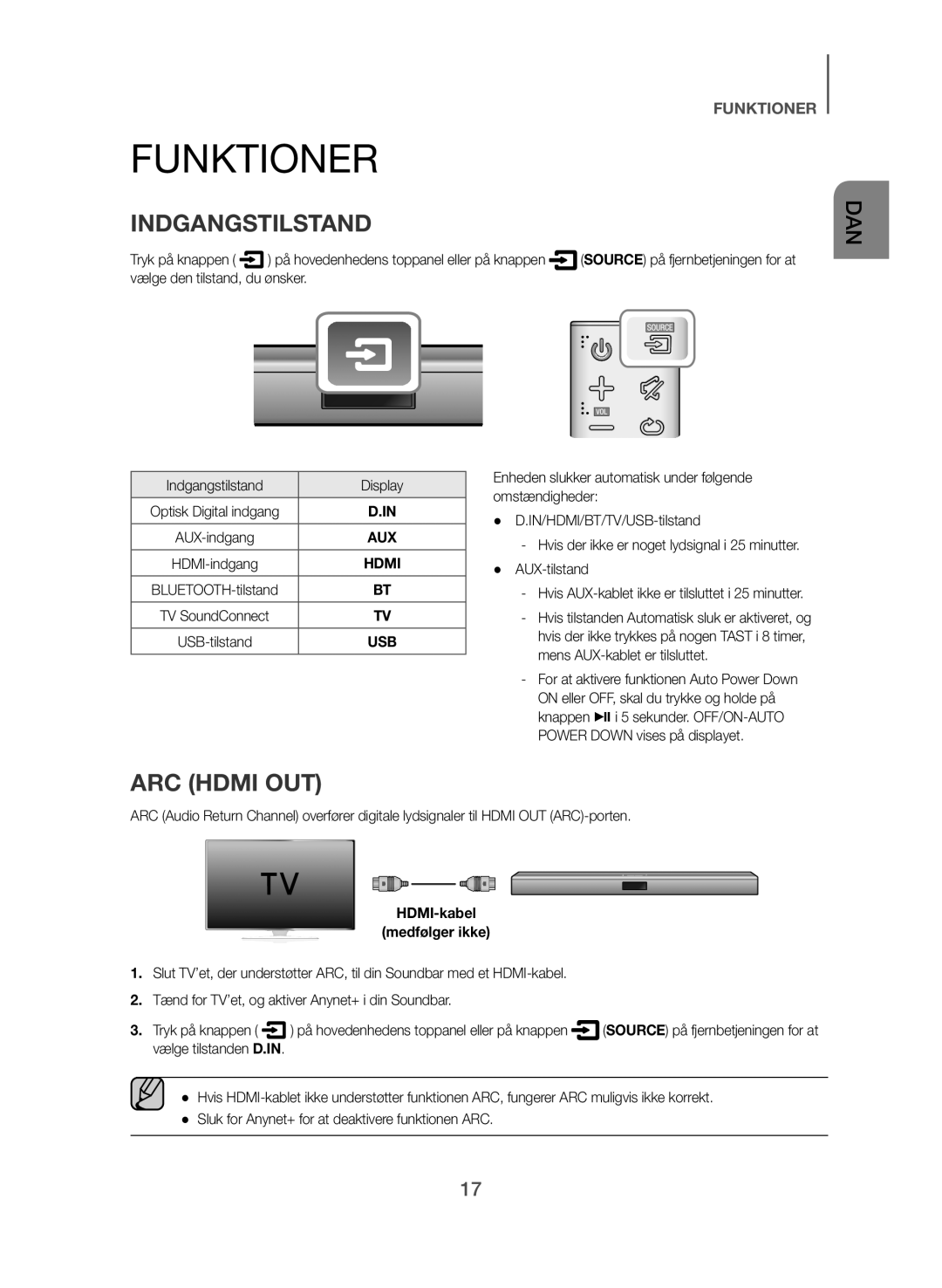 Samsung HW-J560/XE, HW-J561/XE manual Funktioner, ARC Hdmi OUT, Indgangstilstand Display 