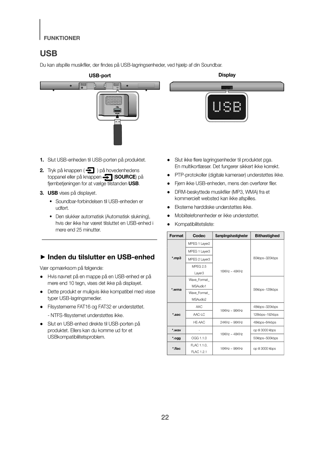 Samsung HW-J561/XE, HW-J560/XE Usb, ++Inden du tilslutter en USB-enhed, Slut USB-enheden til USB-porten på produktet 