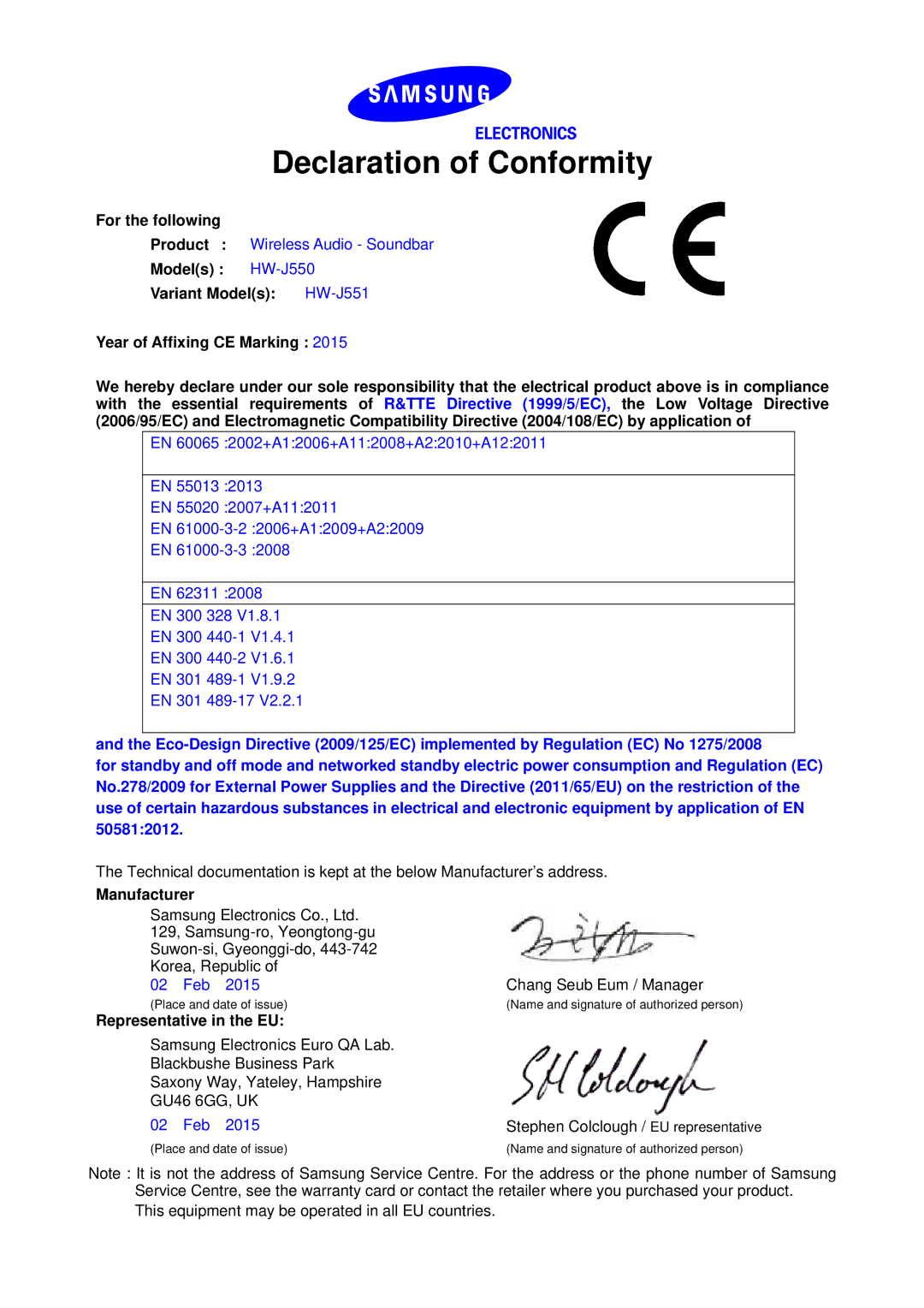 Samsung HW-J560/XE, HW-J561/XE manual Declaration of Conformity, For the following, Manufacturer, Representative in the EU 