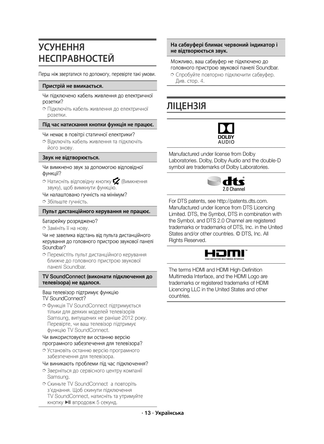 Samsung HW-J6000R/RU manual Усунення Несправностей, Ліцензія, Чи налаштовано гучність на мінімум? 