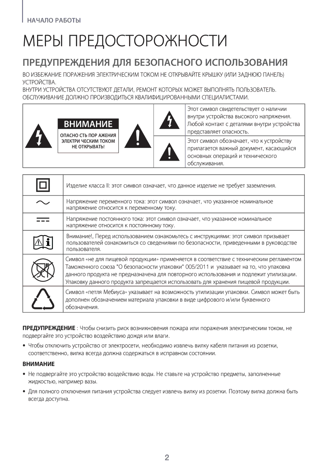 Samsung HW-J6000R/RU manual Меры Предосторожности, Предупреждения ДЛЯ Безопасного Использования, Внимание 