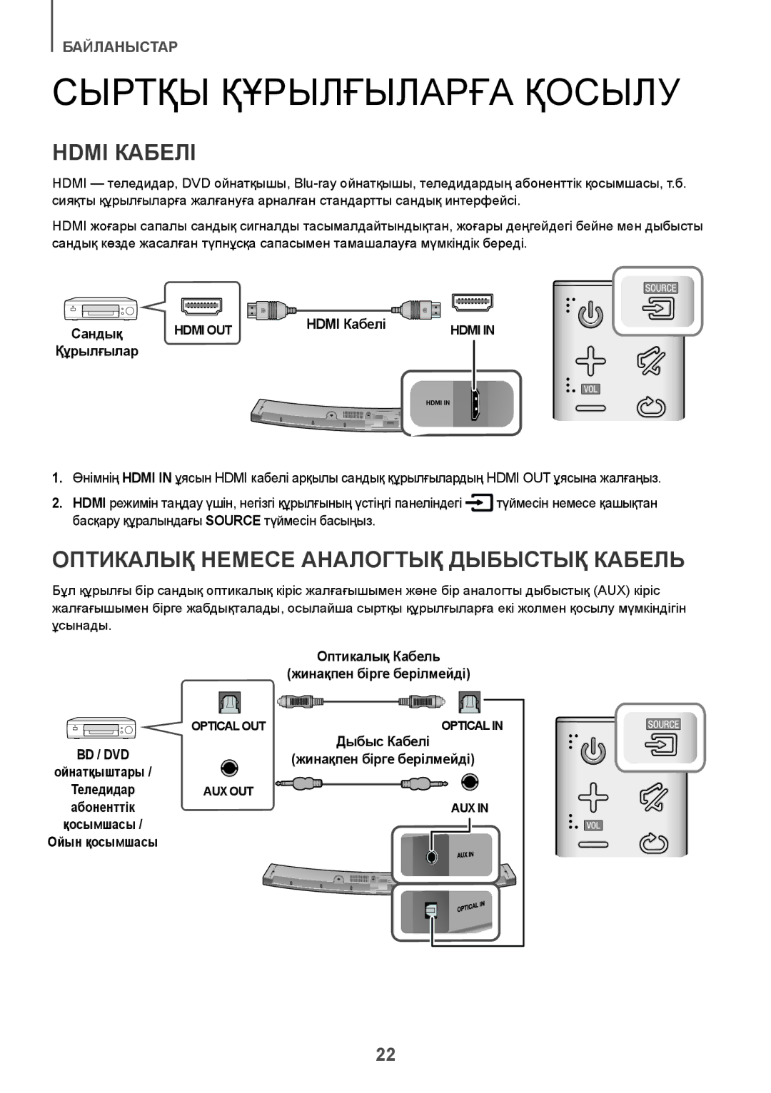 Samsung HW-J6000R/RU manual Сыртқы Құрылғыларға Қосылу, Hdmi Кабелі, Оптикалық Немесе Аналогтық Дыбыстық Кабель, Bd / Dvd 