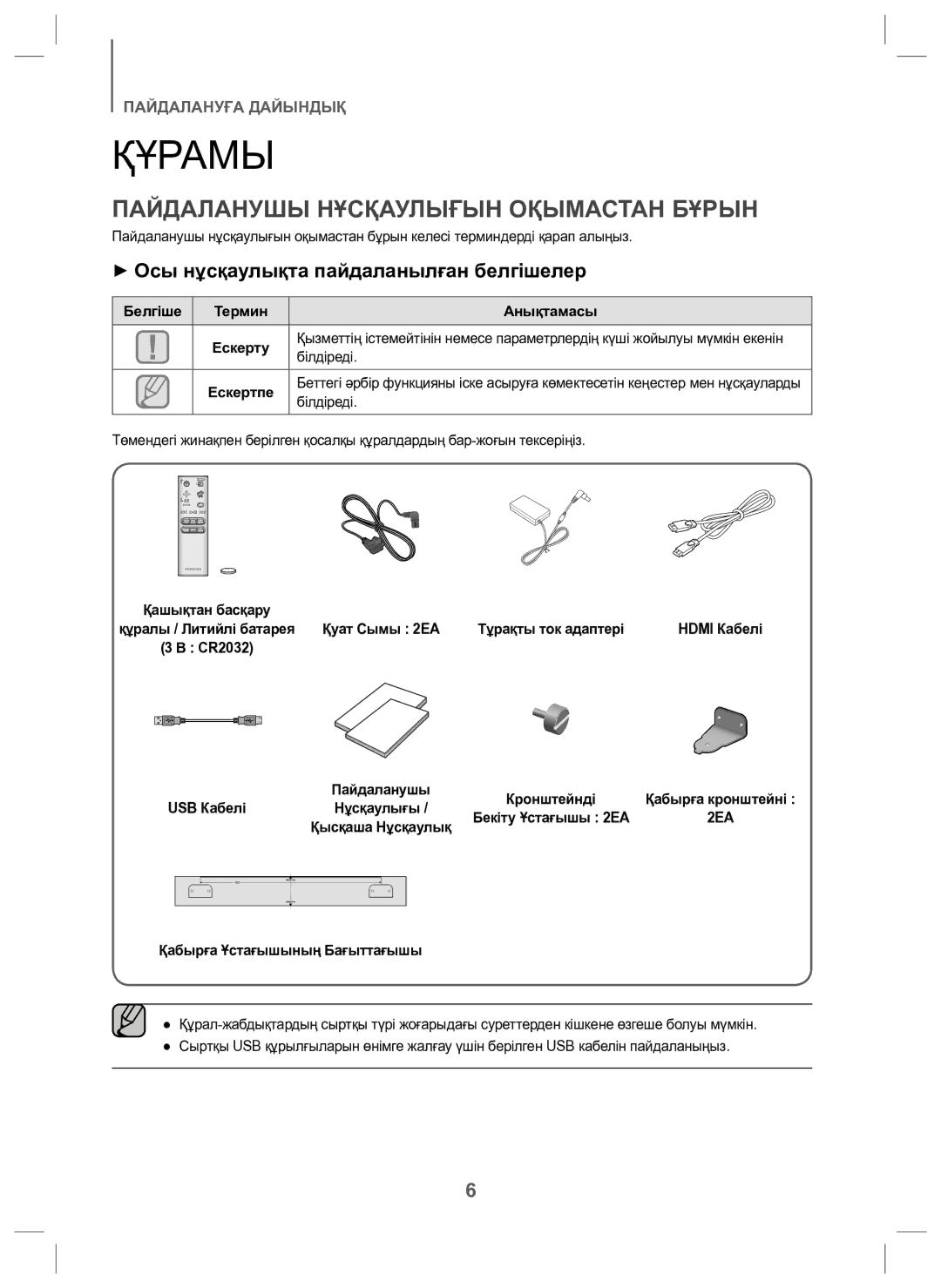 Samsung HW-J6000/RU manual Құрамы, Пайдаланушы Нұсқаулығын Оқымастан Бұрын, + Осы нұсқаулықта пайдаланылған белгішелер 