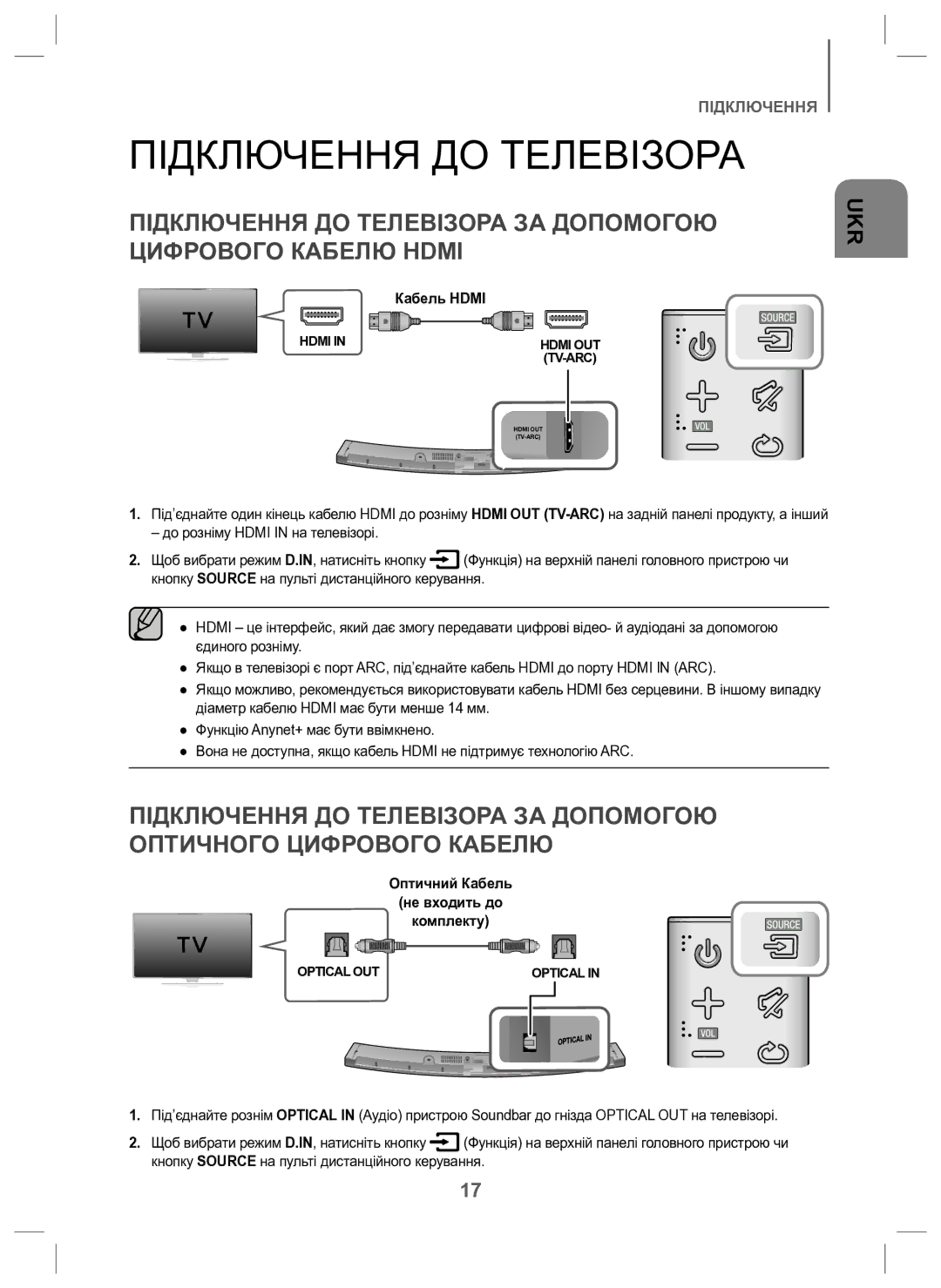 Samsung HW-J6000/RU manual Підключення ДО Телевізора, Оптичний Кабель Не входить до Комплекту 