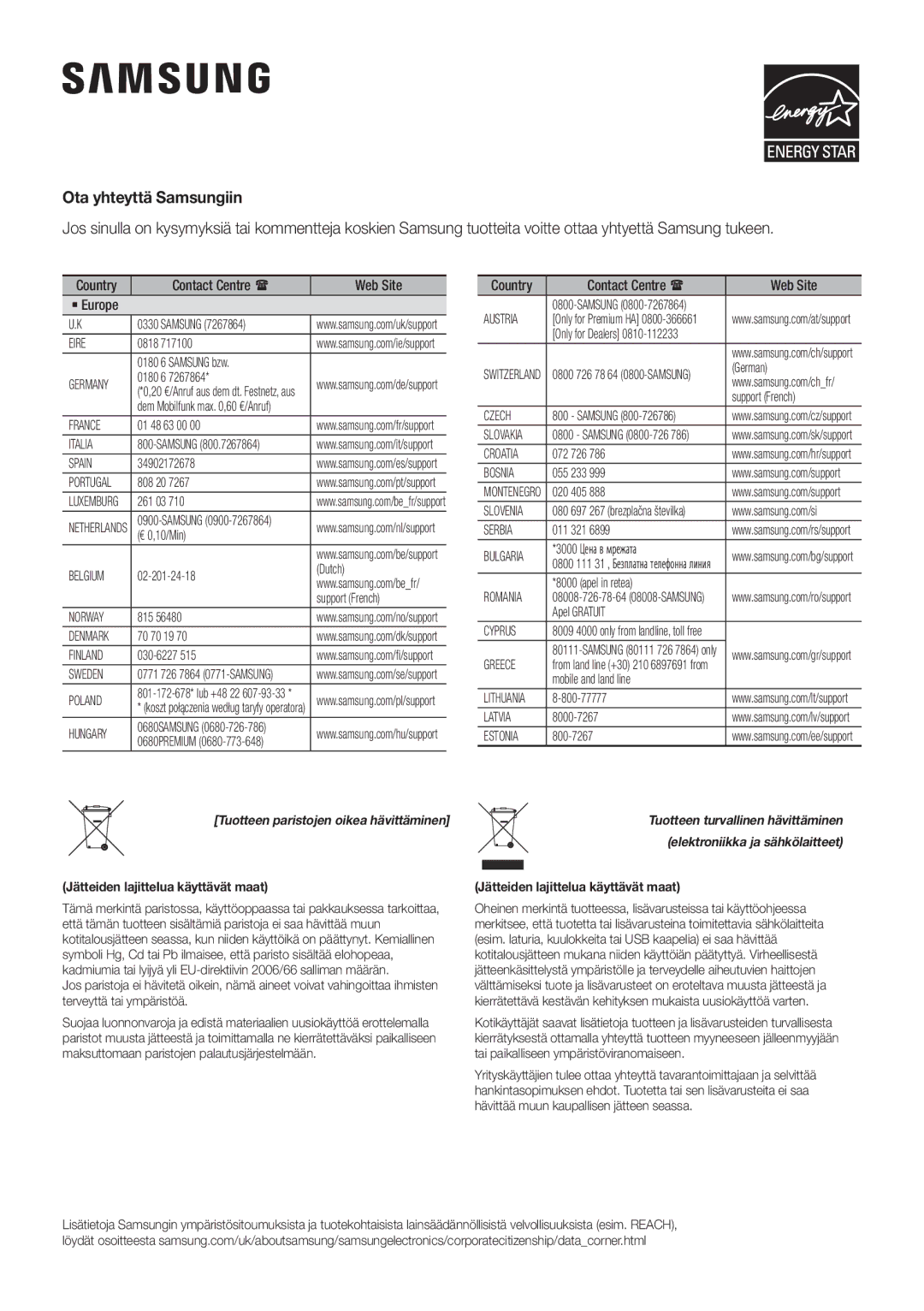 Samsung HW-J6001R/XN, HW-J6001R/EN, HW-J6000R/EN, HW-J6001R/ZF Ota yhteyttä Samsungiin, Jätteiden lajittelua käyttävät maat 