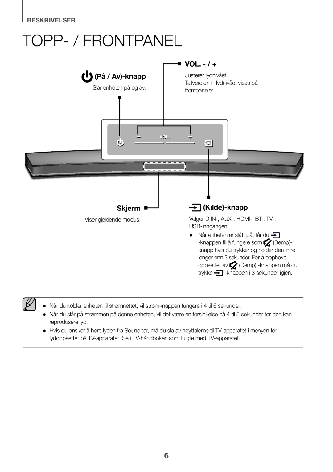 Samsung HW-J6000R/ZF, HW-J6001R/EN, HW-J6000R/EN manual TOPP- / Frontpanel, Slår enheten på og av, Viser gjeldende modus 