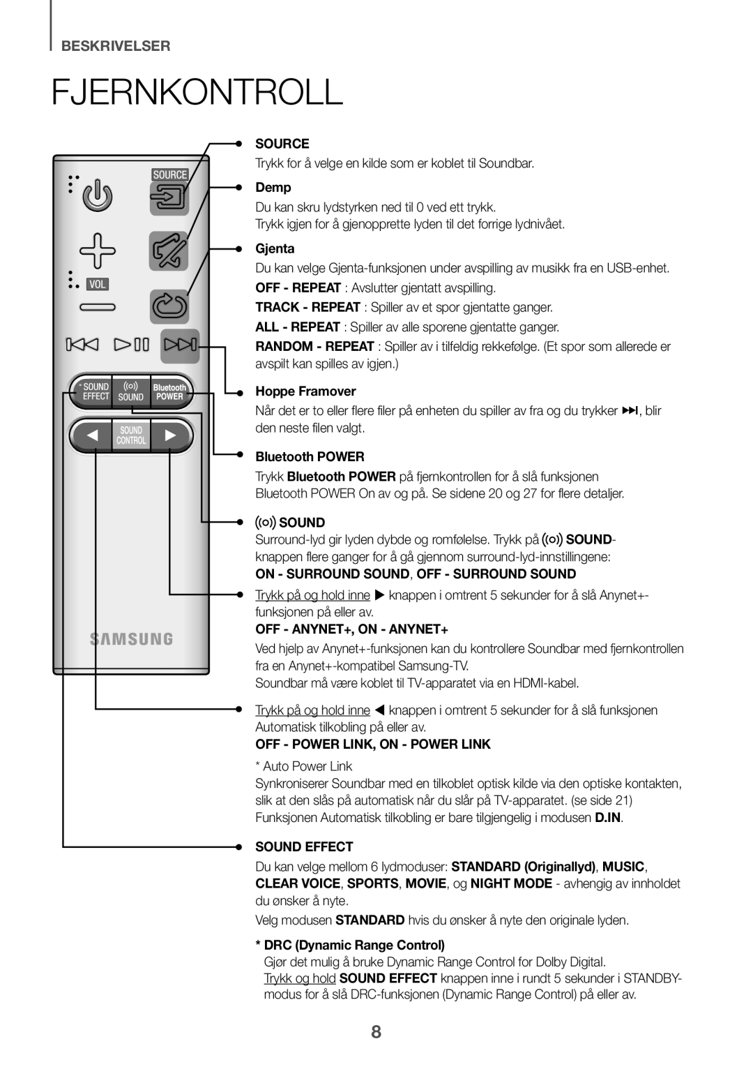 Samsung HW-J6011R/XE Fjernkontroll, Trykk for å velge en kilde som er koblet til Soundbar, Demp, Gjenta, Hoppe Framover 