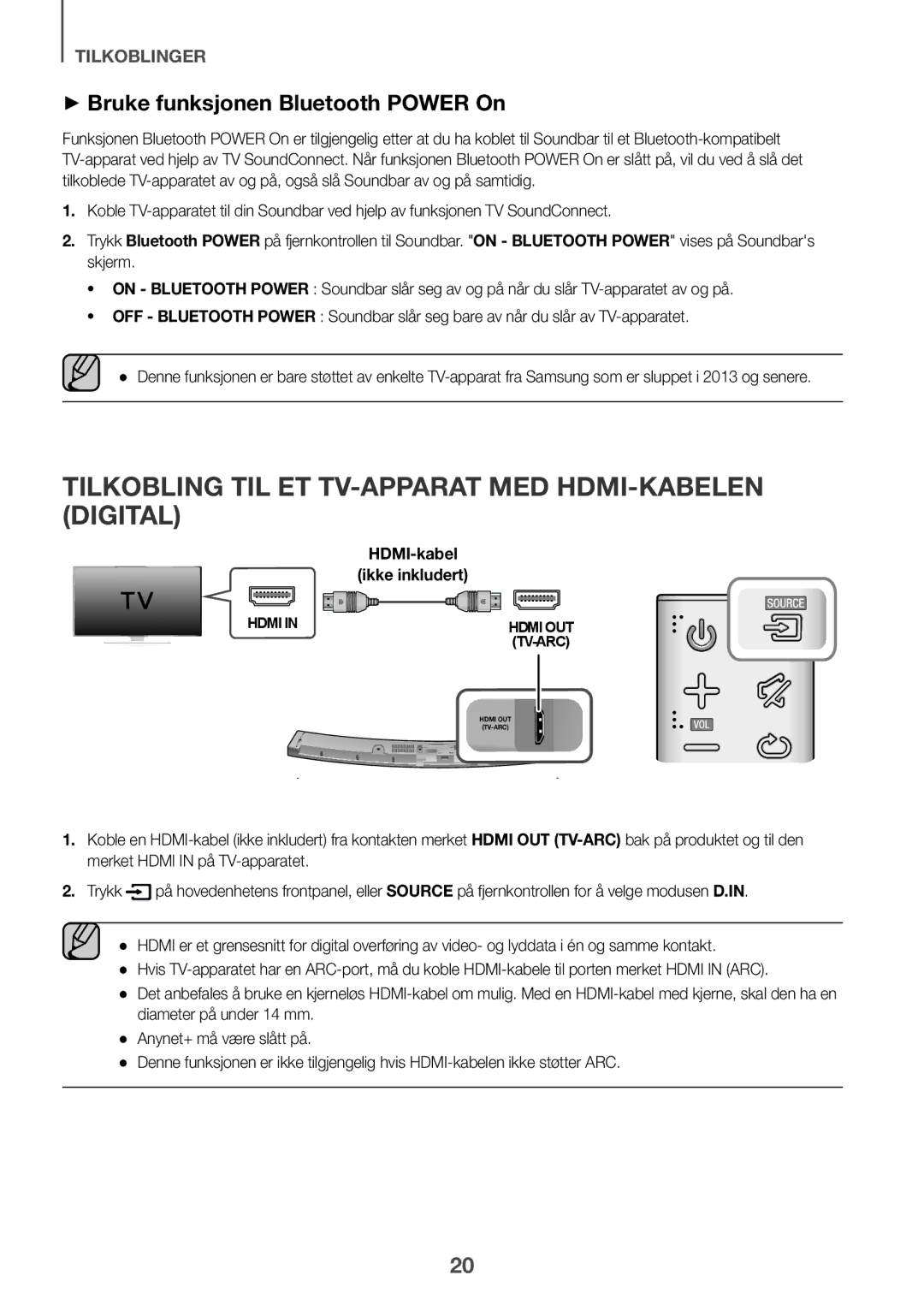 Samsung HW-J6000R/ZF manual Tilkobling TIL ET TV-APPARAT MED HDMI-KABELEN Digital, ++Bruke funksjonen Bluetooth Power On 