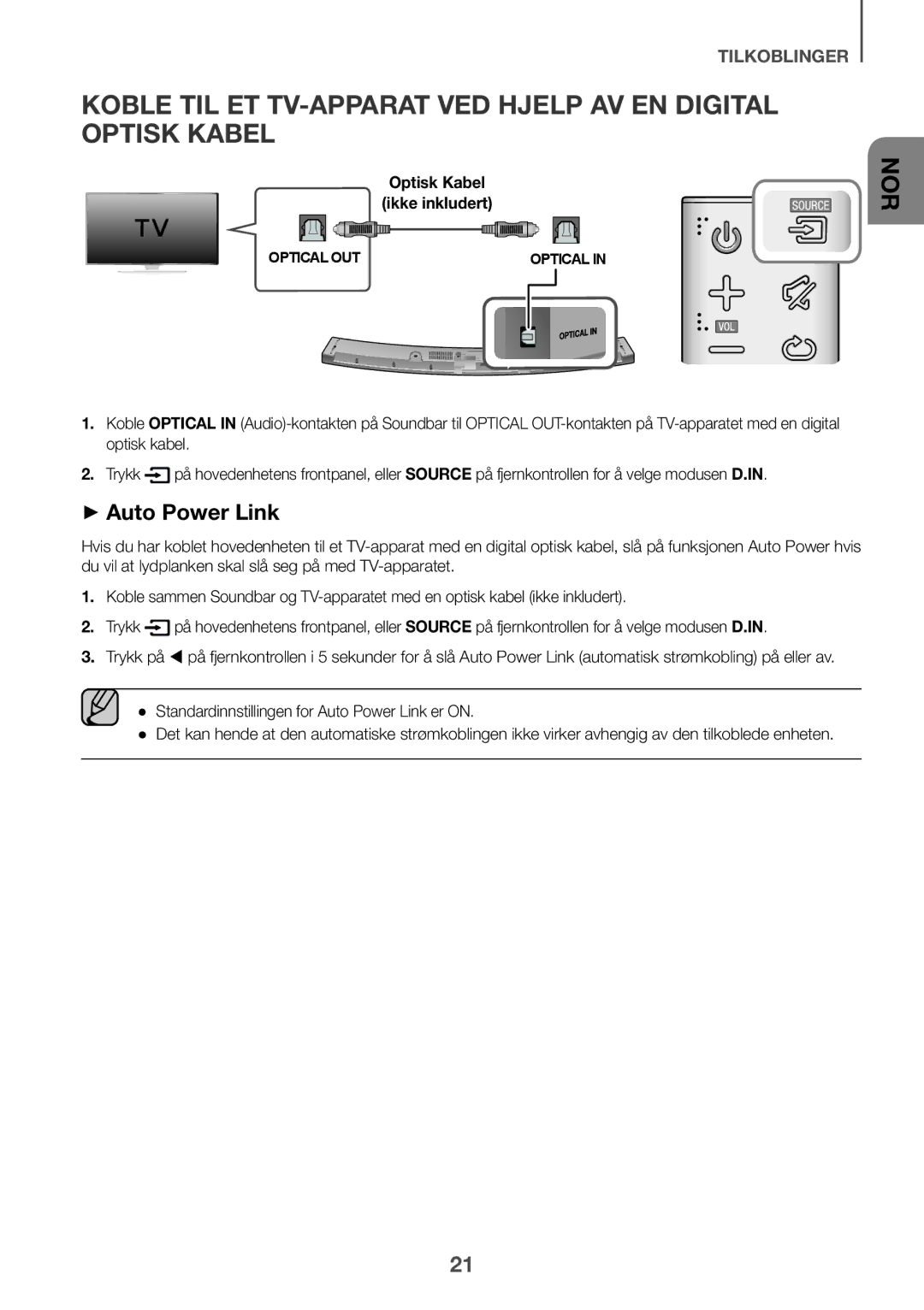 Samsung HW-J6001R/XN, HW-J6001R/EN manual Optisk Kabel Ikke inkludert, Standardinnstillingen for Auto Power Link er on 