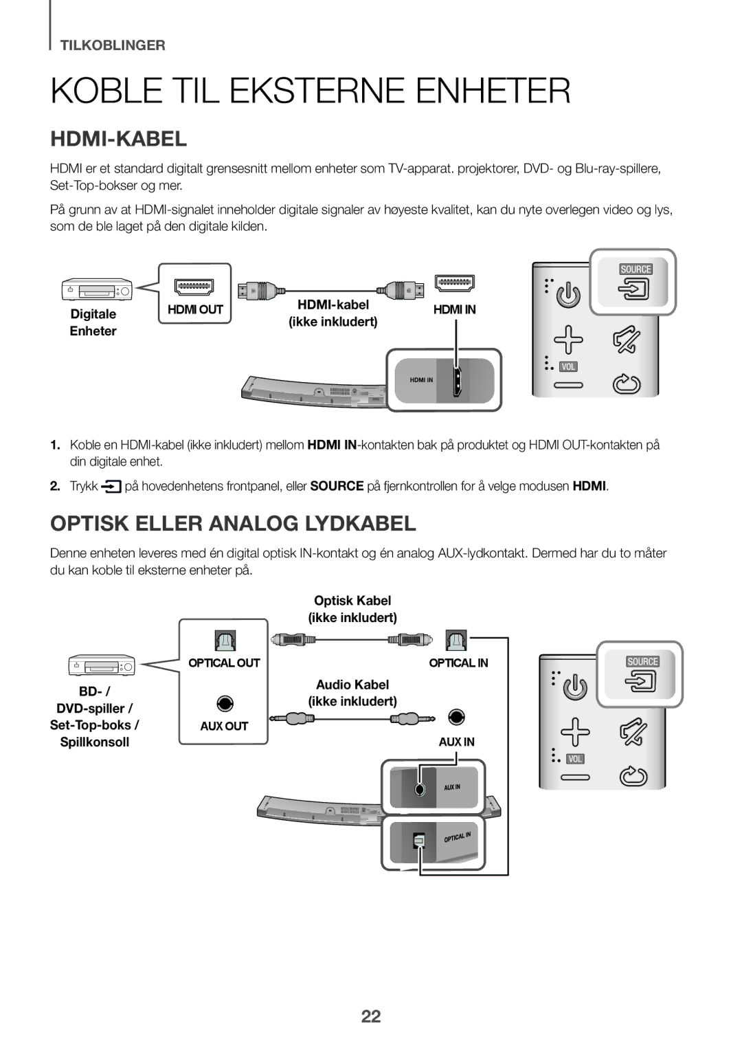 Samsung HW-J6011R/XE, HW-J6001R/EN manual Koble TIL Eksterne Enheter, Hdmi-Kabel, Optisk Eller Analog Lydkabel, Digitale 