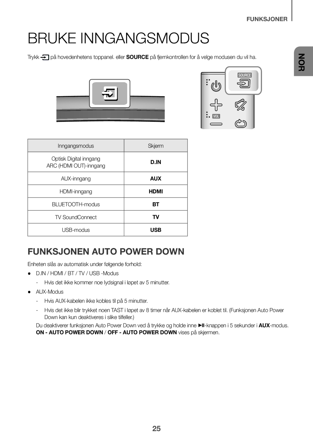 Samsung HW-J6000R/EN, HW-J6001R/EN, HW-J6001R/ZF manual Bruke Inngangsmodus, Funksjonen Auto Power Down, Inngangsmodus Skjerm 