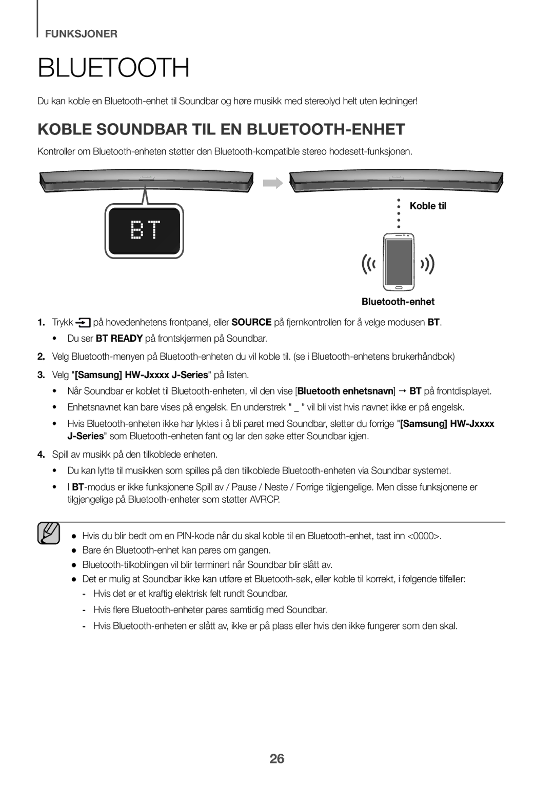 Samsung HW-J6001R/ZF, HW-J6001R/EN, HW-J6000R/EN manual Koble Soundbar TIL EN BLUETOOTH-ENHET, Koble til Bluetooth-enhet 