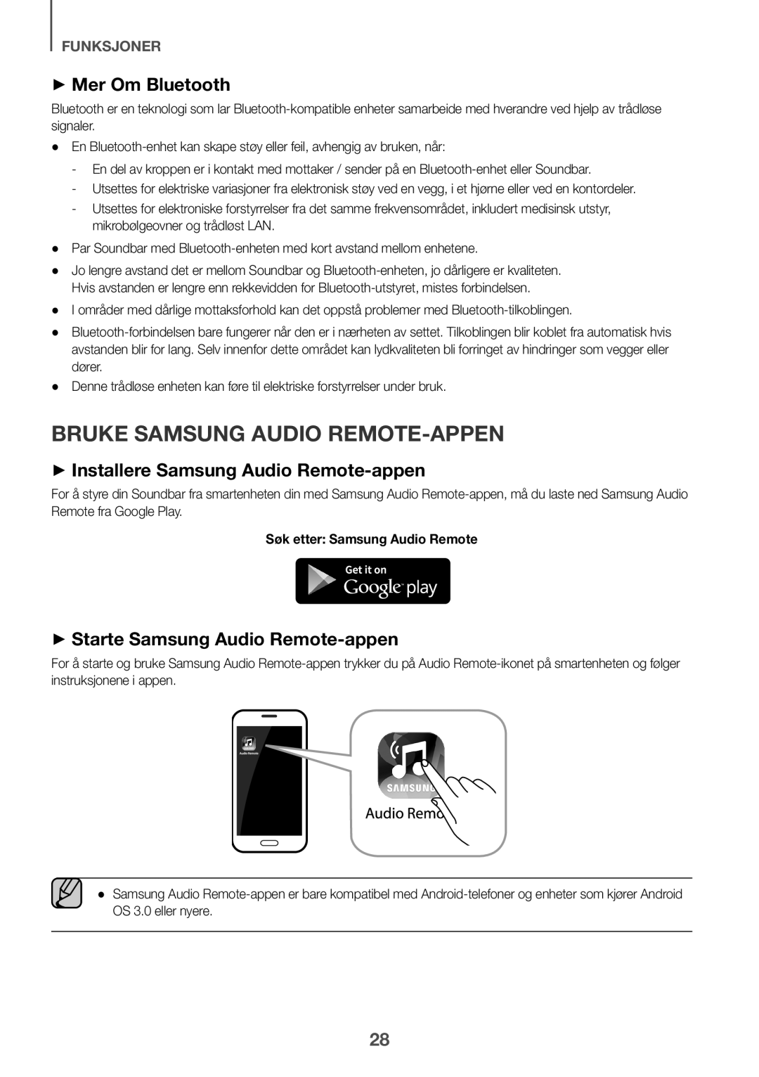 Samsung HW-J6001R/XN manual Bruke Samsung Audio REMOTE-APPEN, ++Mer Om Bluetooth, ++Installere Samsung Audio Remote-appen 