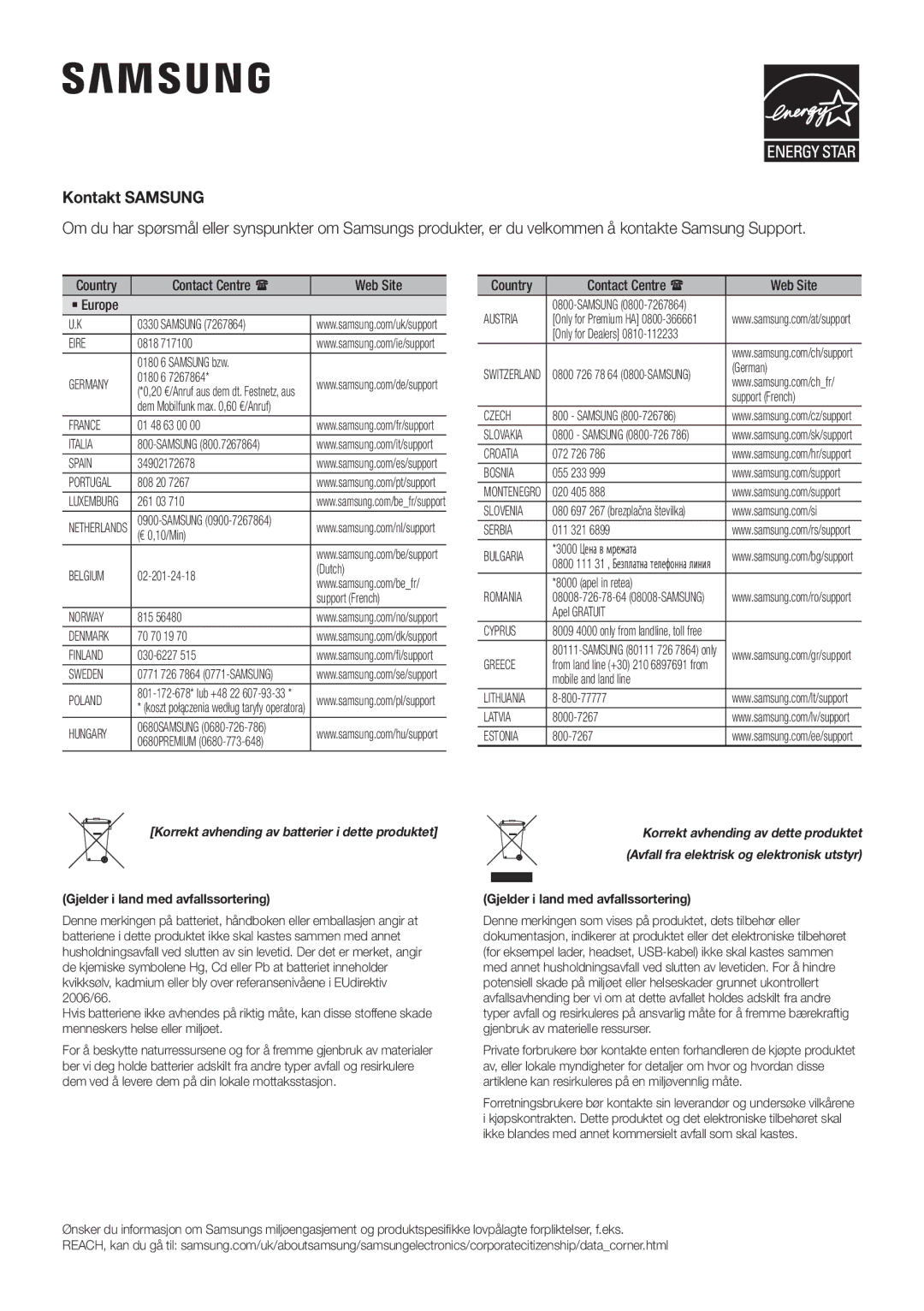 Samsung HW-J6000R/ZF, HW-J6001R/EN, HW-J6000R/EN, HW-J6001R/ZF, HW-J6001R/XN, HW-J6011R/XE Gjelder i land med avfallssortering 