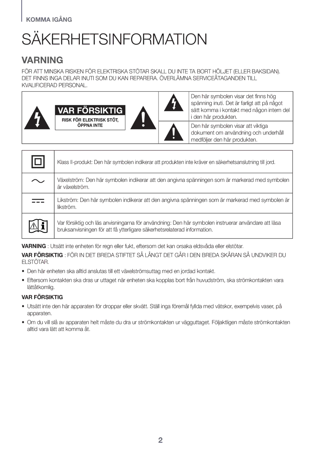 Samsung HW-J6011R/XE, HW-J6001R/EN, HW-J6000R/EN, HW-J6001R/ZF, HW-J6000R/ZF, HW-J6001R/XN manual Säkerhetsinformation, Varning 