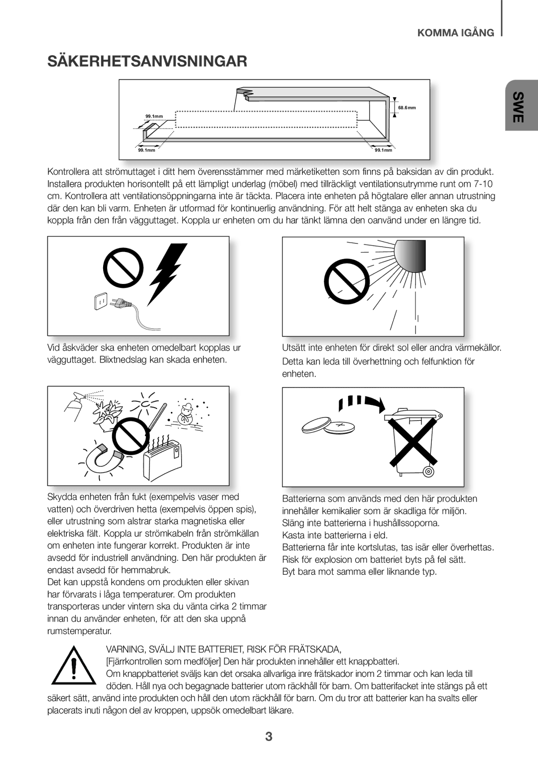 Samsung HW-J6010R/XE, HW-J6001R/EN, HW-J6000R/EN, HW-J6001R/ZF, HW-J6000R/ZF, HW-J6001R/XN manual Säkerhetsanvisningar, Swe 