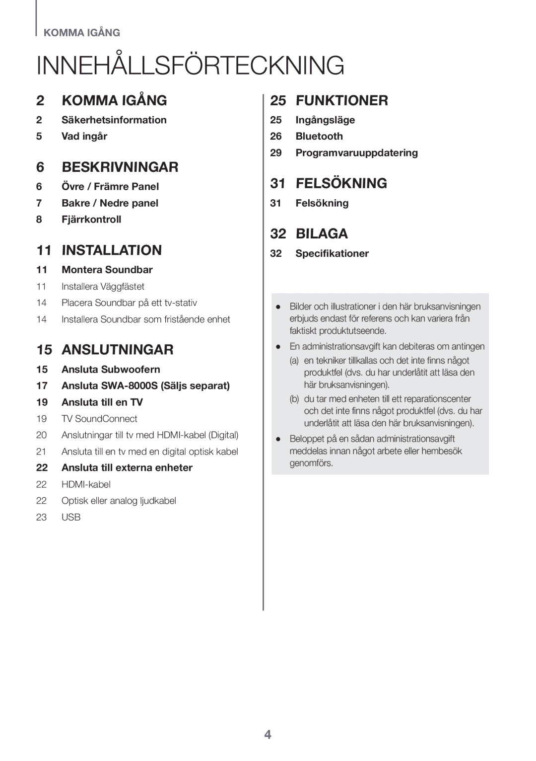 Samsung HW-J6001R/EN, HW-J6000R/EN, HW-J6001R/ZF manual Innehållsförteckning, HDMI-kabel Optisk eller analog ljudkabel 23 USB 