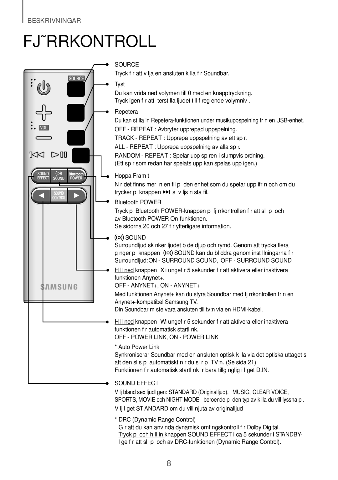 Samsung HW-J6001R/XN manual Fjärrkontroll, Tryck för att välja en ansluten källa för Soundbar, Tyst, Repetera, Hoppa Framåt 