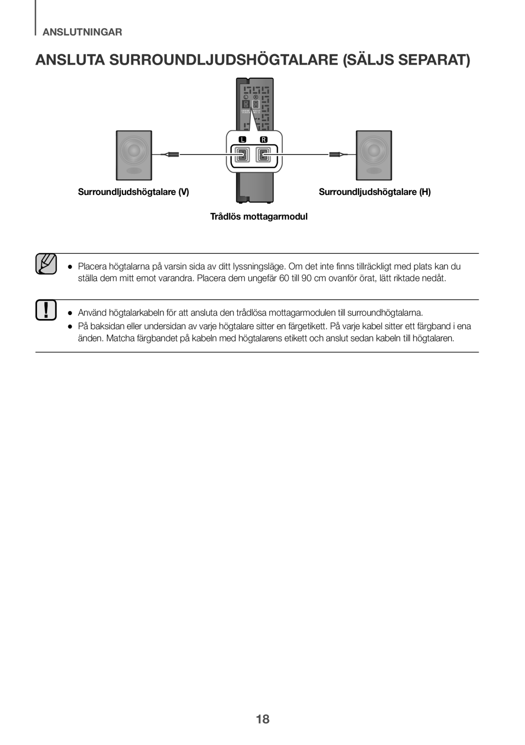 Samsung HW-J6001R/EN manual Ansluta surroundljudshögtalare säljs separat, Surroundljudshögtalare, Trådlös mottagarmodul 