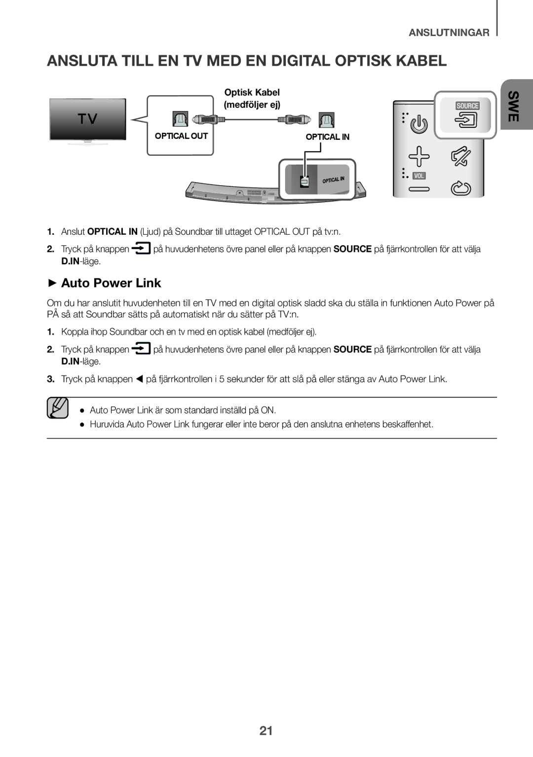 Samsung HW-J6000R/ZF, HW-J6001R/EN, HW-J6000R/EN manual Ansluta till en tv med en digital optisk kabel, ++Auto Power Link 