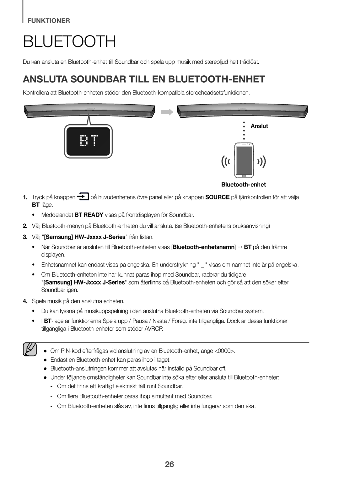 Samsung HW-J6000R/EN manual Ansluta Soundbar till en Bluetooth-enhet, Anslut Tryck på knappen Bluetooth-enhet, BT-läge 