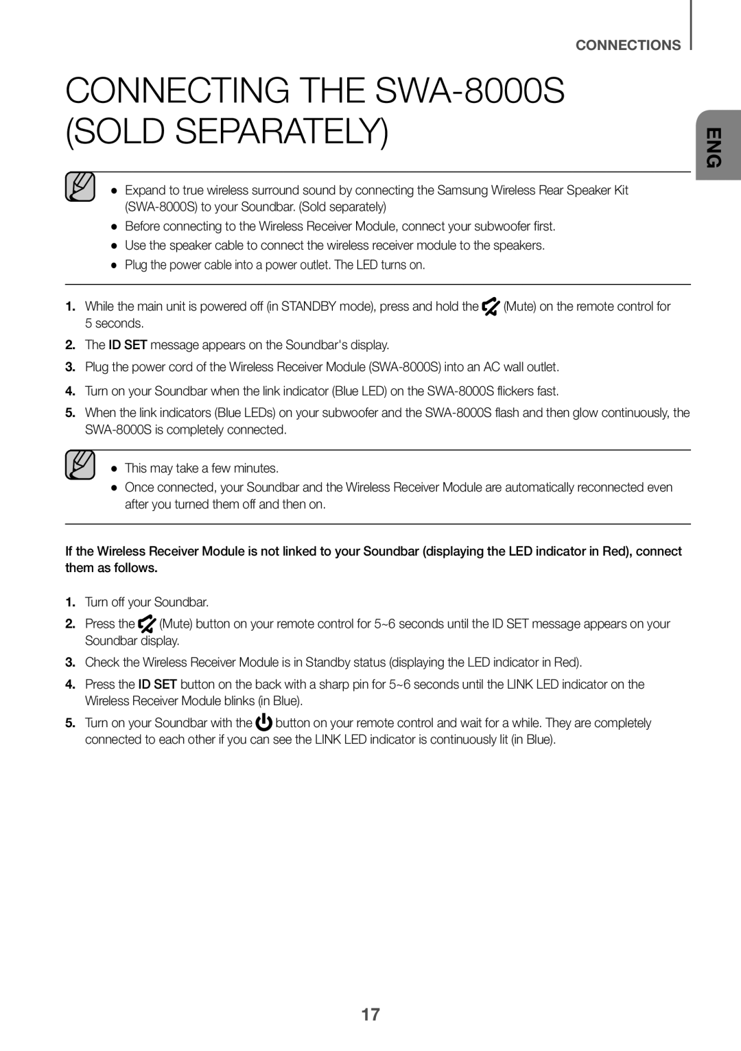 Samsung HW-J6000R/ZF, HW-J6001R/EN, HW-J6000R/EN, HW-J6001R/ZF, HW-J6001R/XN manual Connecting the SWA-8000S Sold Separately 