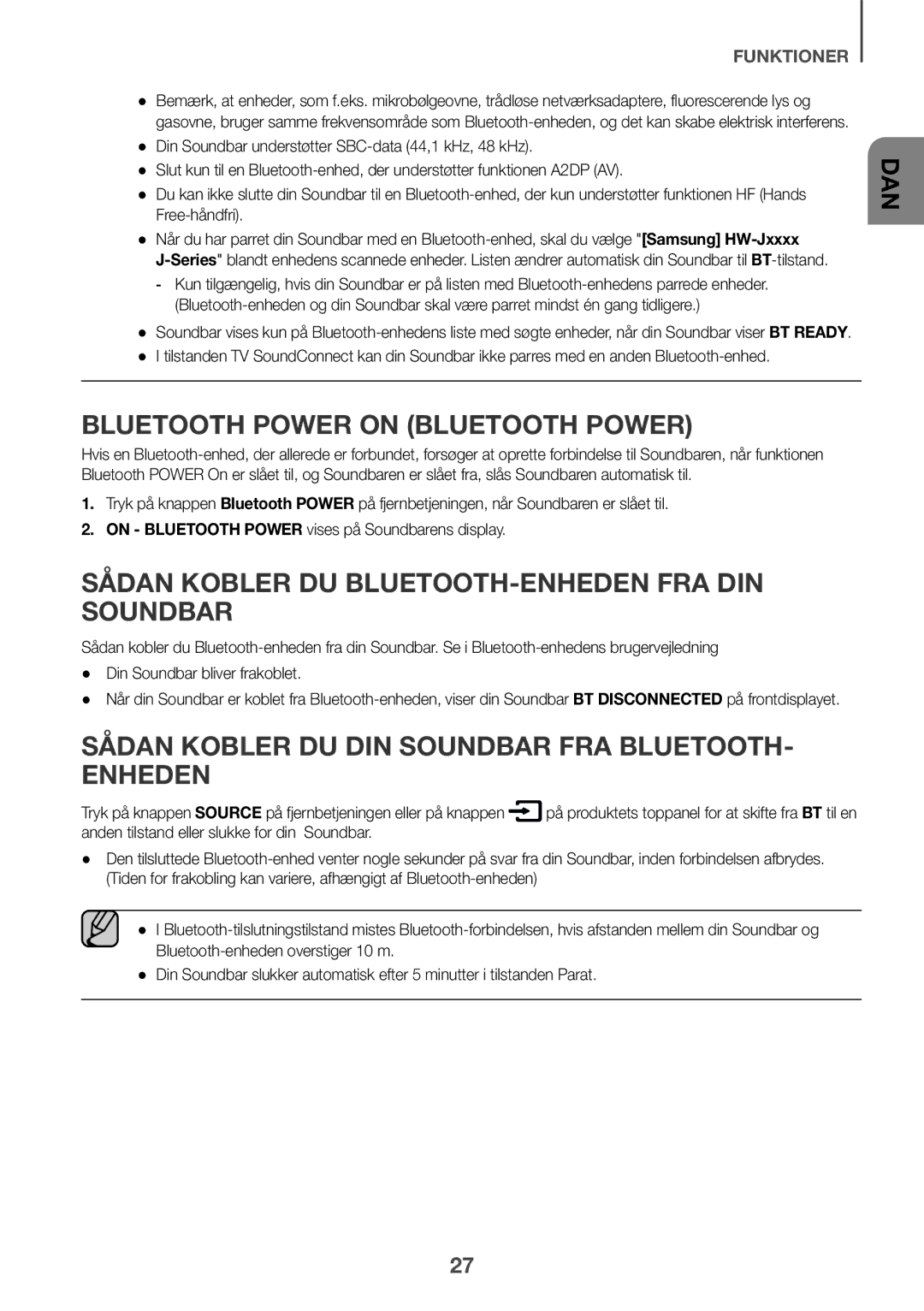 Samsung HW-J6011R/XE, HW-J6001R/EN Bluetooth Power On Bluetooth Power, Sådan kobler du Bluetooth-enheden fra din Soundbar 