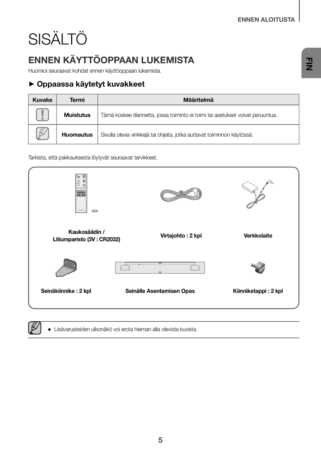 Samsung HW-J6000R/ZF, HW-J6001R/EN manual Ennen Käyttöoppaan Lukemista, ++Oppaassa käytetyt kuvakkeet, Virtajohto 2 kpl 