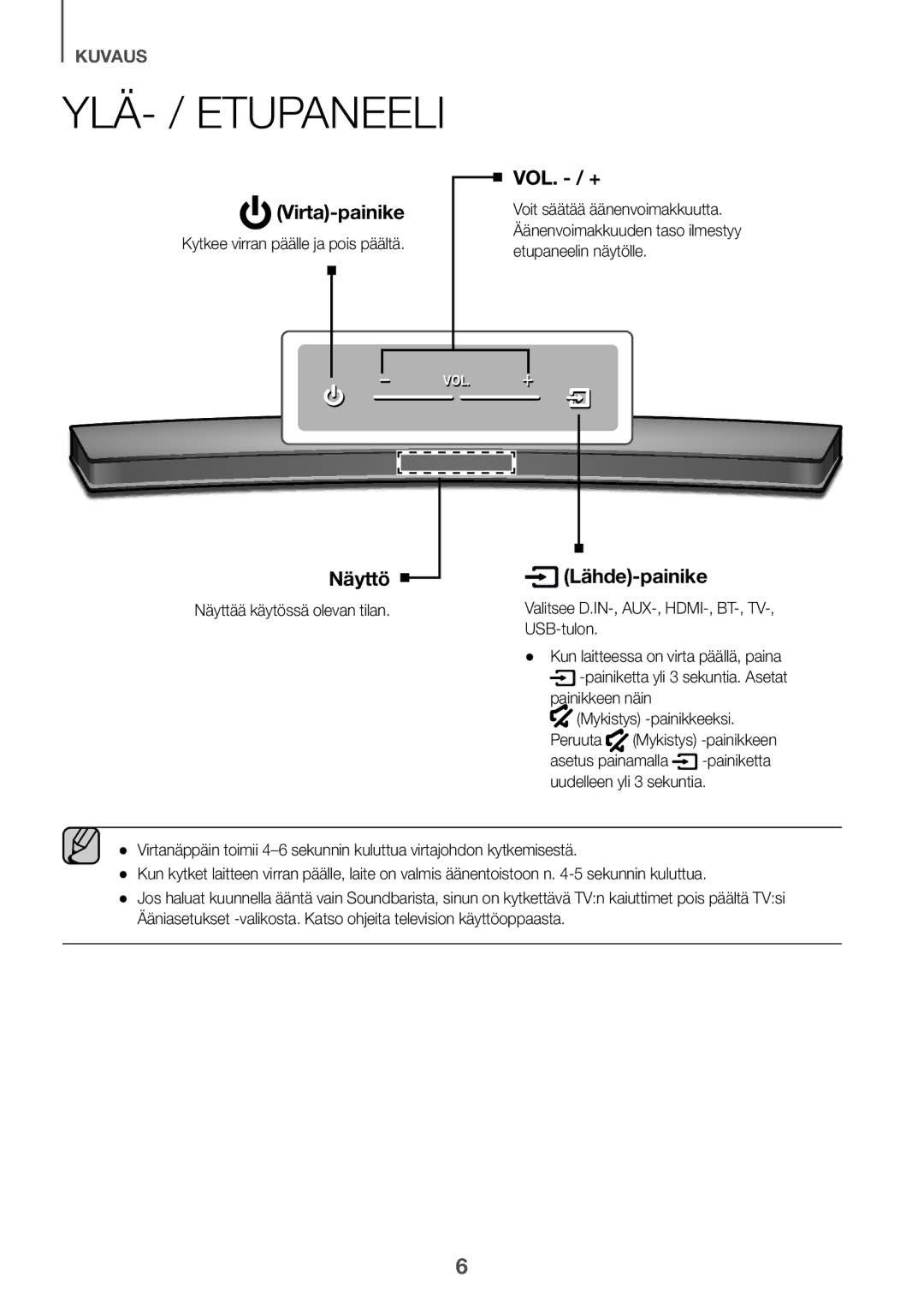 Samsung HW-J6001R/XN, HW-J6001R/EN YLÄ- / Etupaneeli, Kytkee virran päälle ja pois päältä, Näyttää käytössä olevan tilan 