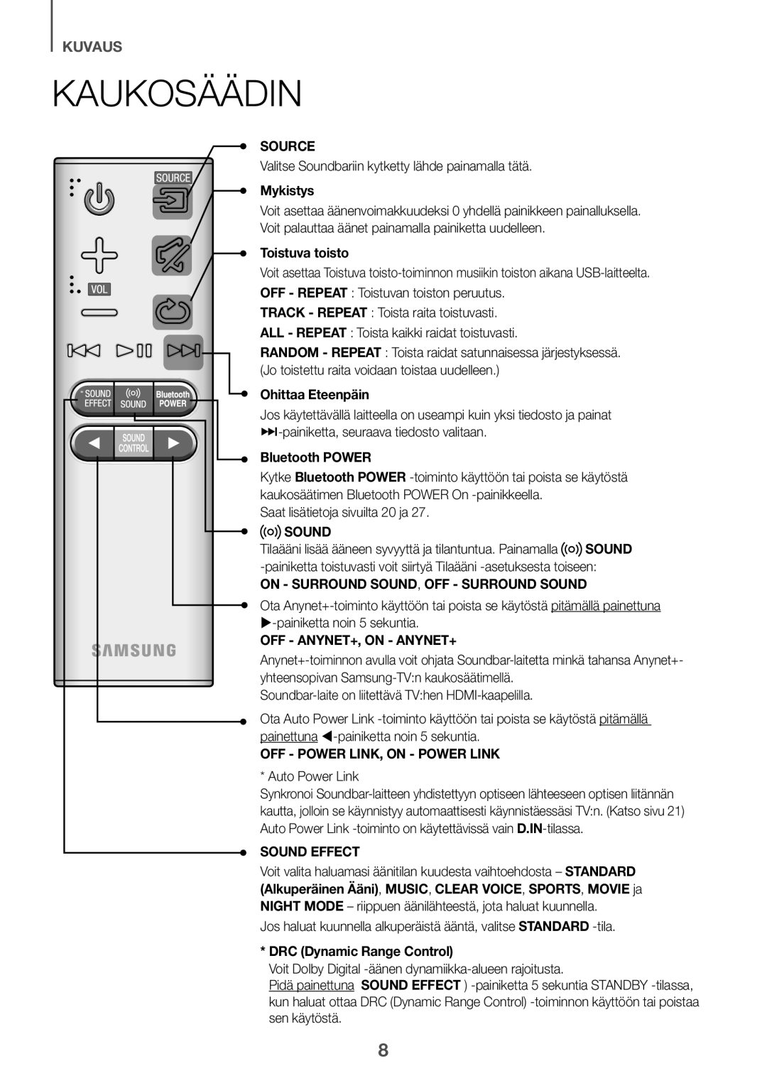 Samsung HW-J6010R/XE, HW-J6001R/EN Kaukosäädin, Mykistys, Toistuva toisto, Ohittaa Eteenpäin, DRC Dynamic Range Control 