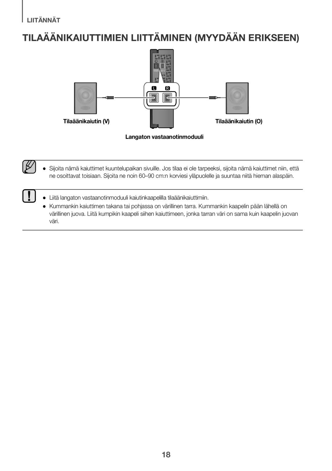 Samsung HW-J6001R/ZF manual Tilaäänikaiuttimien Liittäminen Myydään Erikseen, Tilaäänikaiutin, Langaton vastaanotinmoduuli 