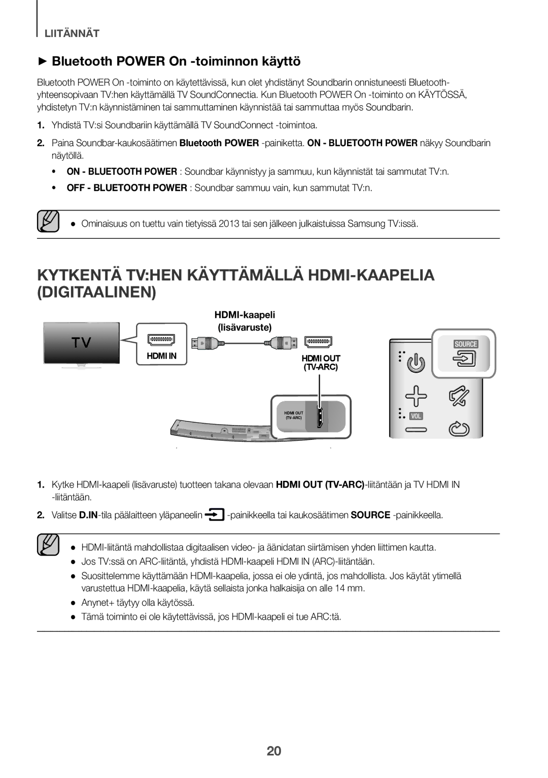 Samsung HW-J6001R/XN manual Kytkentä Tvhen Käyttämällä HDMI-KAAPELIA Digitaalinen, ++Bluetooth Power On -toiminnon käyttö 