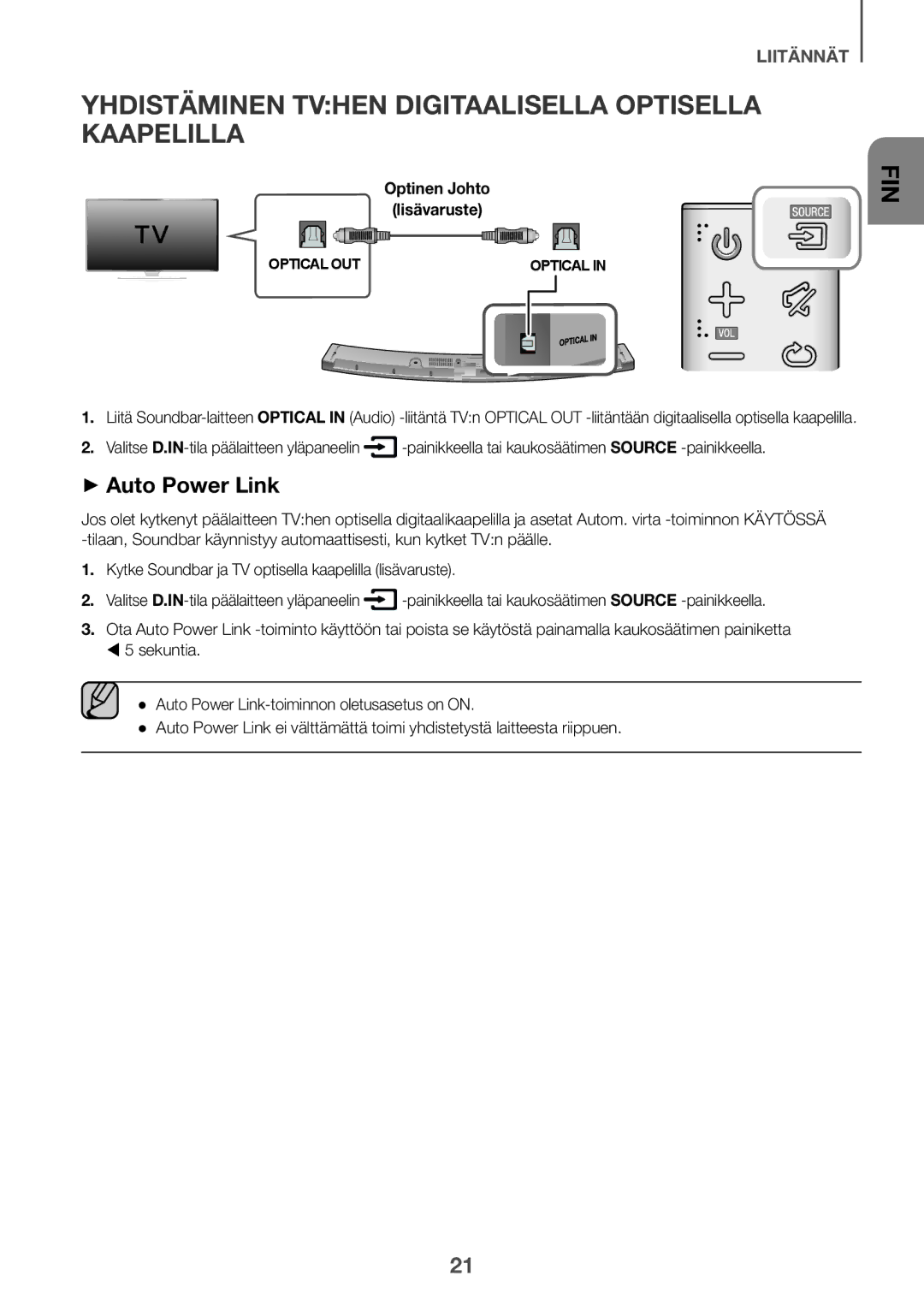 Samsung HW-J6011R/XE, HW-J6001R/EN manual Yhdistäminen Tvhen Digitaalisella Optisella Kaapelilla, Optinen Johto Lisävaruste 