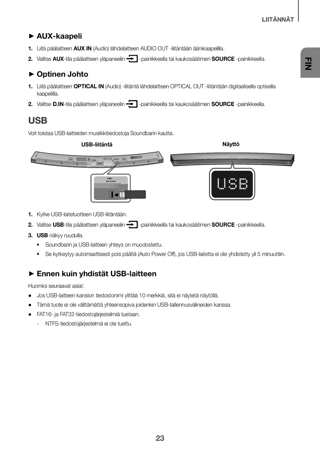 Samsung HW-J6001R/EN manual ++AUX-kaapeli, ++Optinen Johto, ++Ennen kuin yhdistät USB-laitteen, Näyttö, USB-liitäntä 