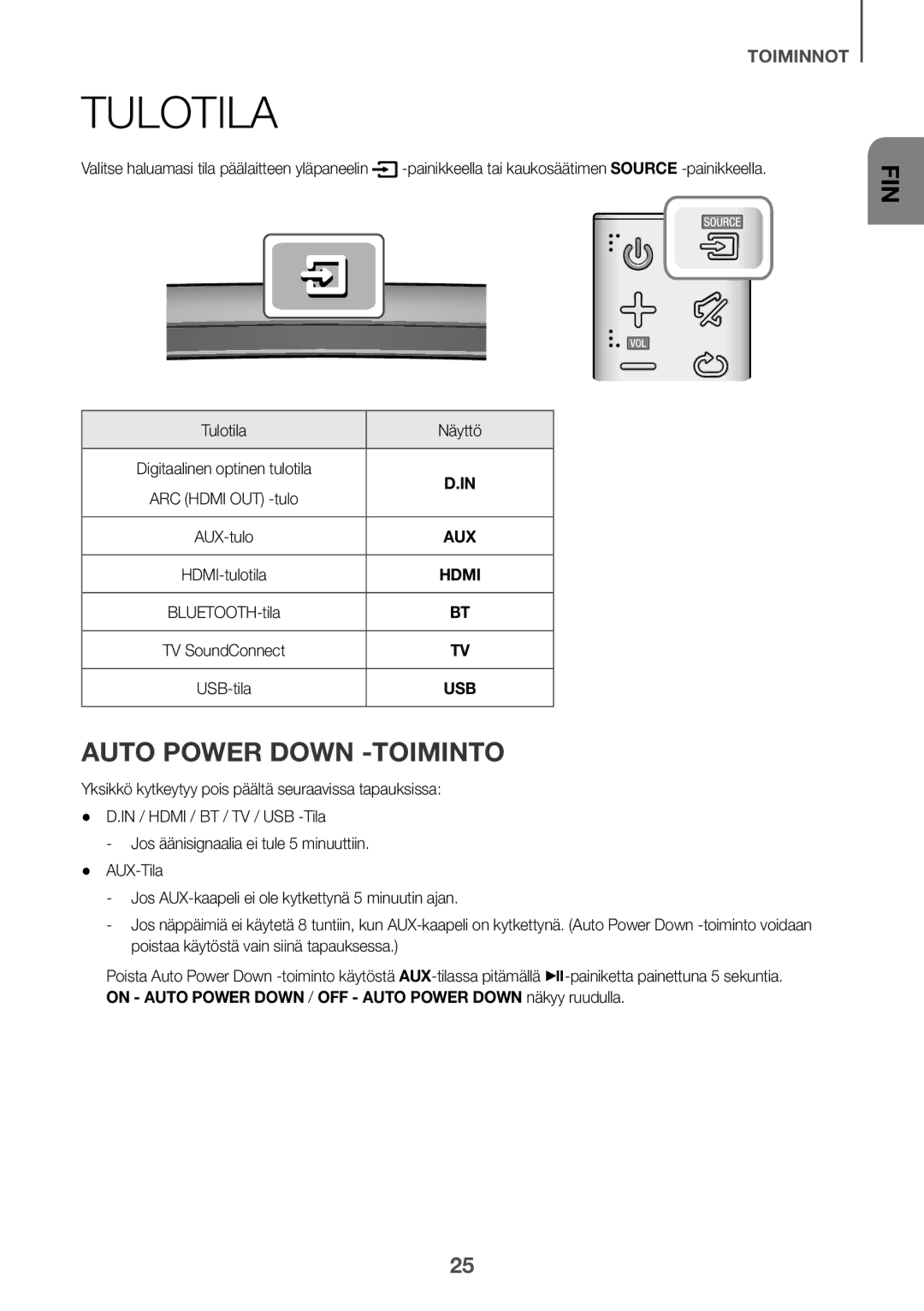 Samsung HW-J6001R/ZF, HW-J6001R/EN, HW-J6000R/EN, HW-J6000R/ZF, HW-J6001R/XN Auto Power Down -TOIMINTO, Tulotila Näyttö 