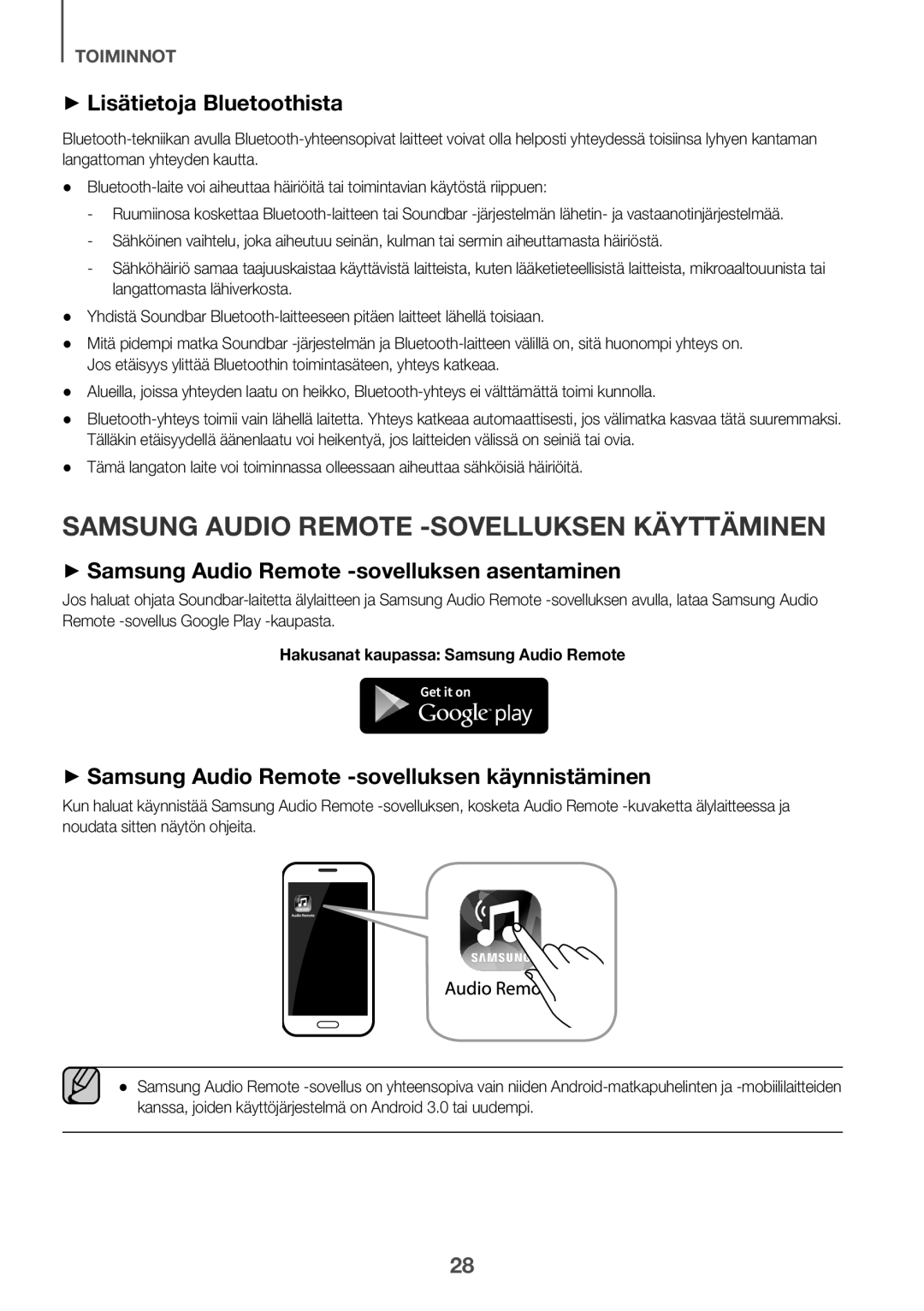 Samsung HW-J6011R/XE, HW-J6001R/EN manual ++Lisätietoja Bluetoothista, ++Samsung Audio Remote -sovelluksen käynnistäminen 