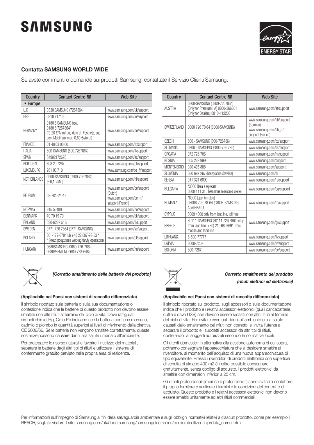 Samsung HW-J6001R/XN manual Contatta Samsung World Wide, Applicabile nei Paesi con sistemi di raccolta differenziata 