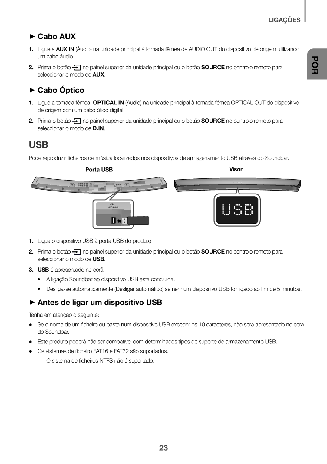 Samsung HW-J6010R/XE, HW-J6001R/EN, HW-J6000R/EN manual ++Cabo AUX, ++Cabo Óptico, ++Antes de ligar um dispositivo USB 