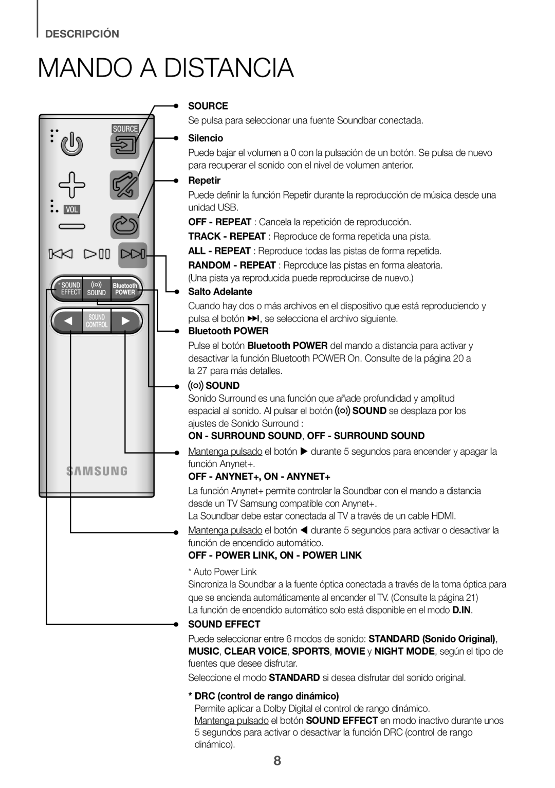 Samsung HW-J6001R/XN Mando a Distancia, Se pulsa para seleccionar una fuente Soundbar conectada, Silencio, Salto Adelante 