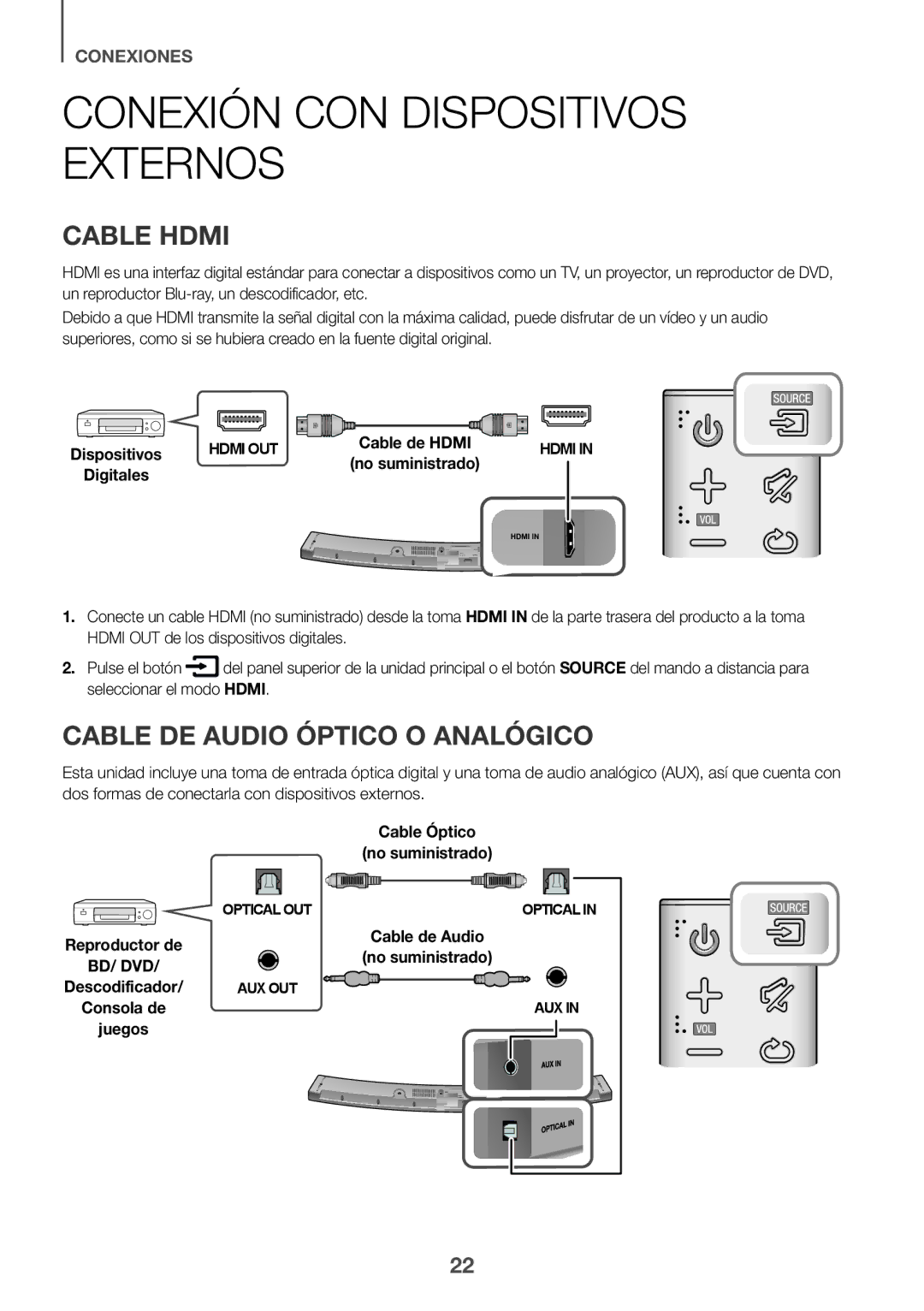 Samsung HW-J6001R/XN, HW-J6001R/EN manual Conexión CON Dispositivos Externos, Cable Hdmi, Cable DE Audio Óptico O Analógico 