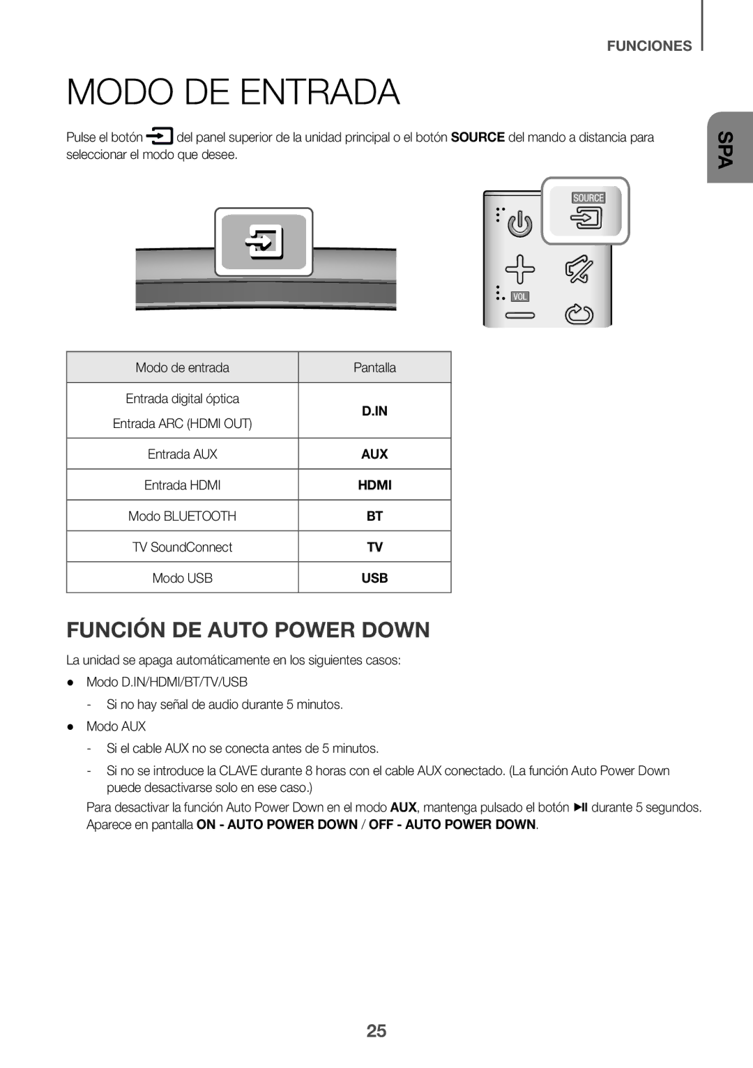 Samsung HW-J6001R/EN, HW-J6000R/EN, HW-J6001R/ZF manual Modo DE Entrada, Función DE Auto Power Down, Modo de entrada Pantalla 