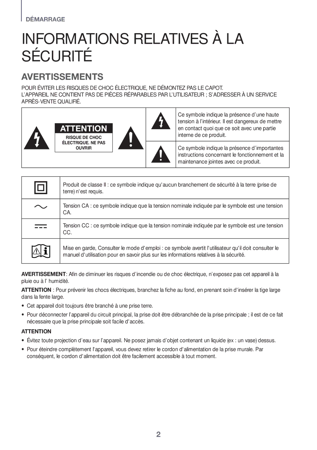 Samsung HW-J6000R/EN, HW-J6001R/EN, HW-J6001R/ZF, HW-J6000R/ZF manual Informations Relatives À LA Sécurité, Avertissements 